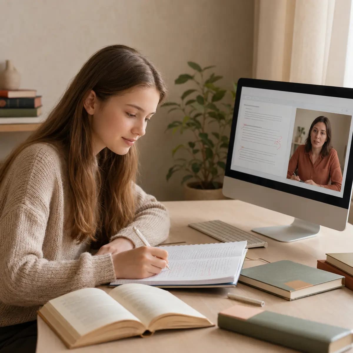 Ученица редактирует собственный текст вместе с преподавателем русского языка онлайн